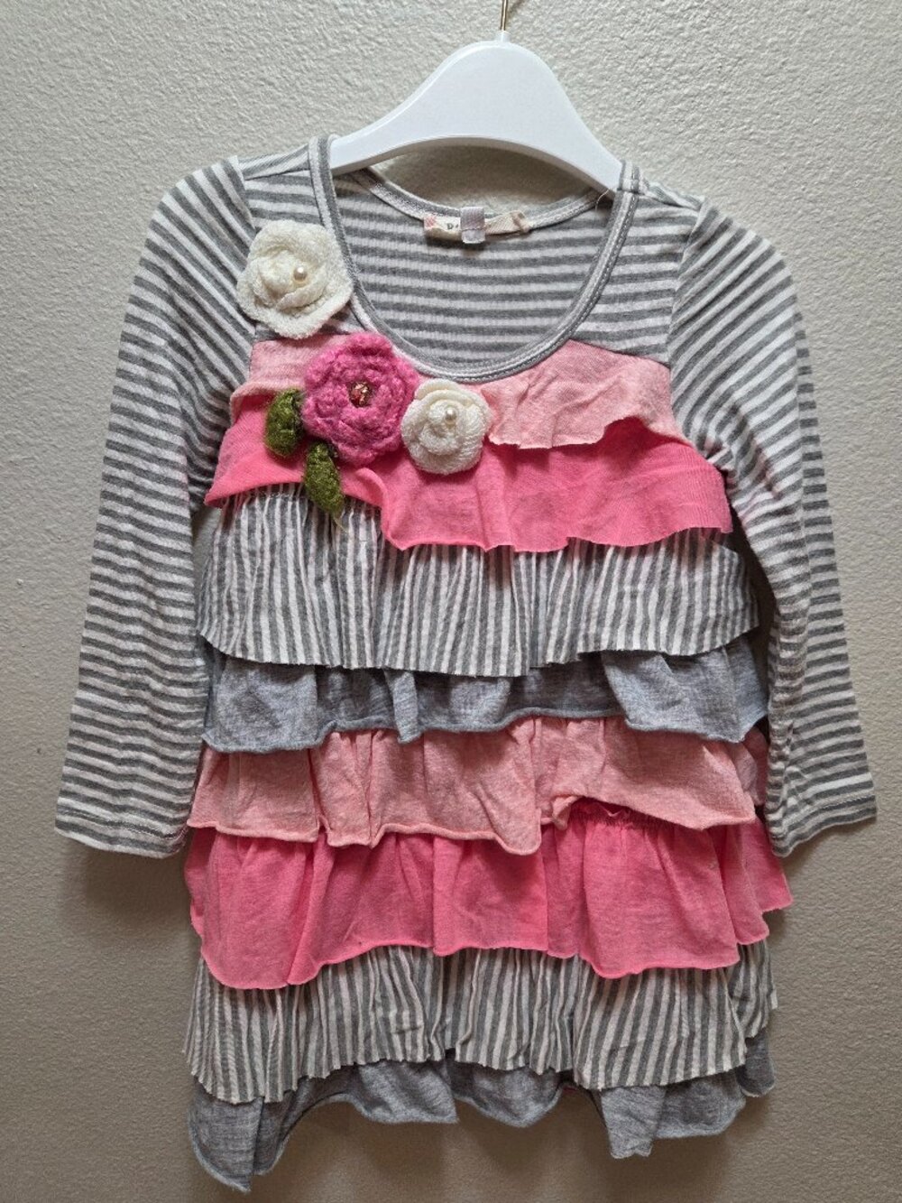 Baby Sara 2T pink, gray, and white striped long-sleeve layered toddler dress